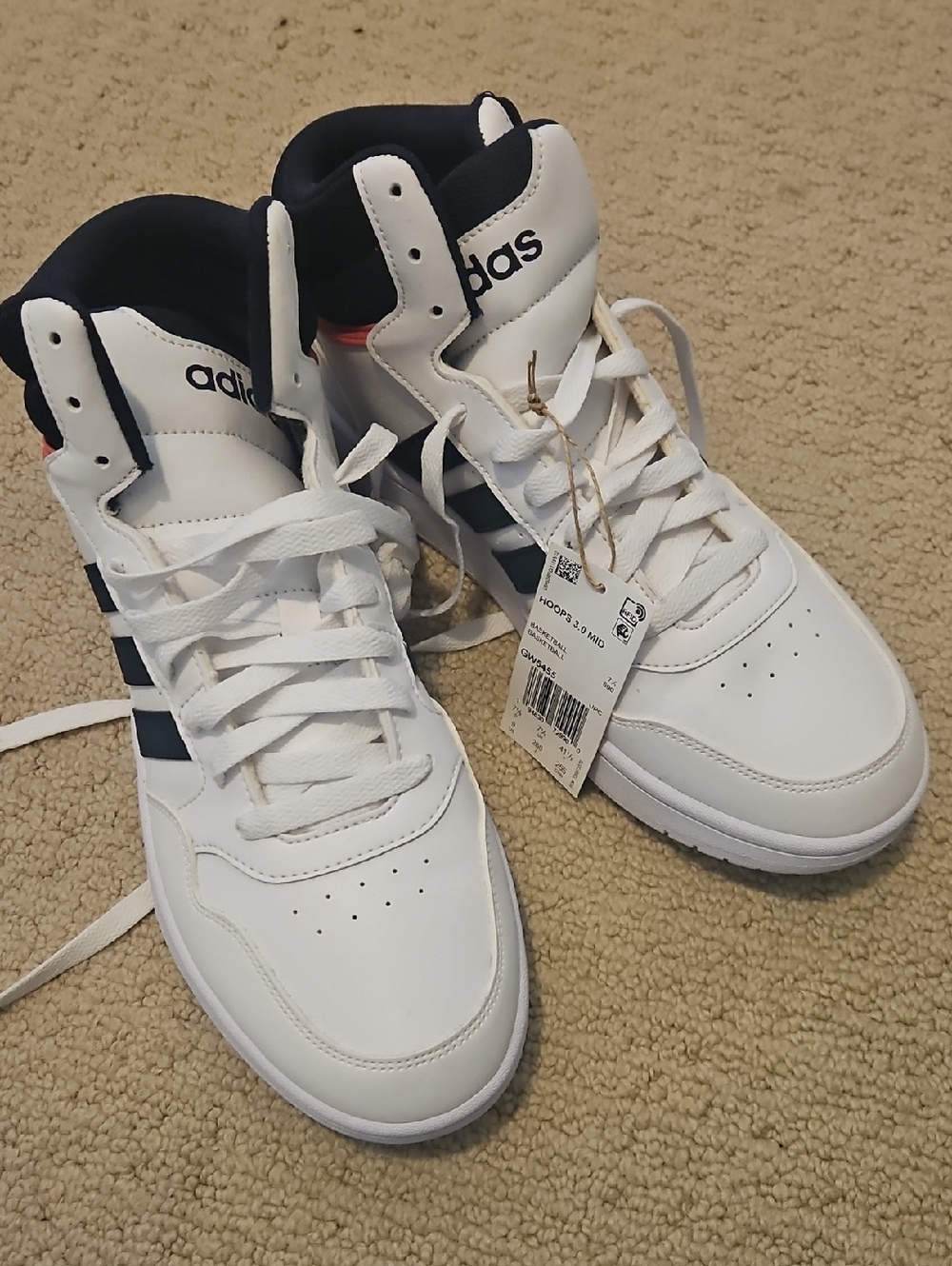 adidas Hoops 3.0 Mid White and Black High-Top Athletic Sneakers - Size 9